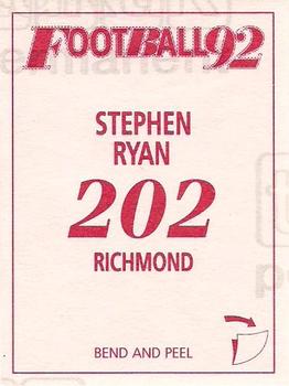 1992 Select AFL Stickers #202 Stephen Ryan Back